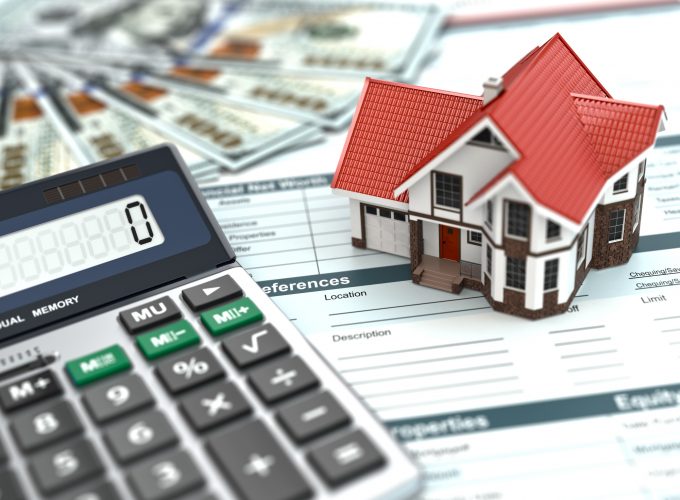 Mortgage calculator. House, noney and document. 3d